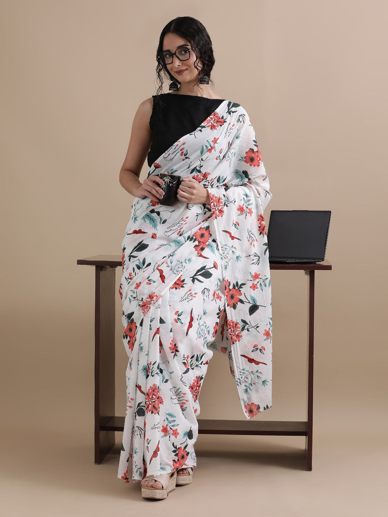 White Floral Printed Cotton Saree – Elegant & Breezy Everyday Drape