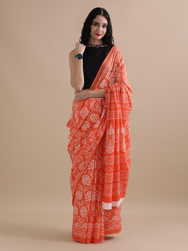 Orange Dabu Print Cotton Saree โ Fresh, Festive & Fabulous
