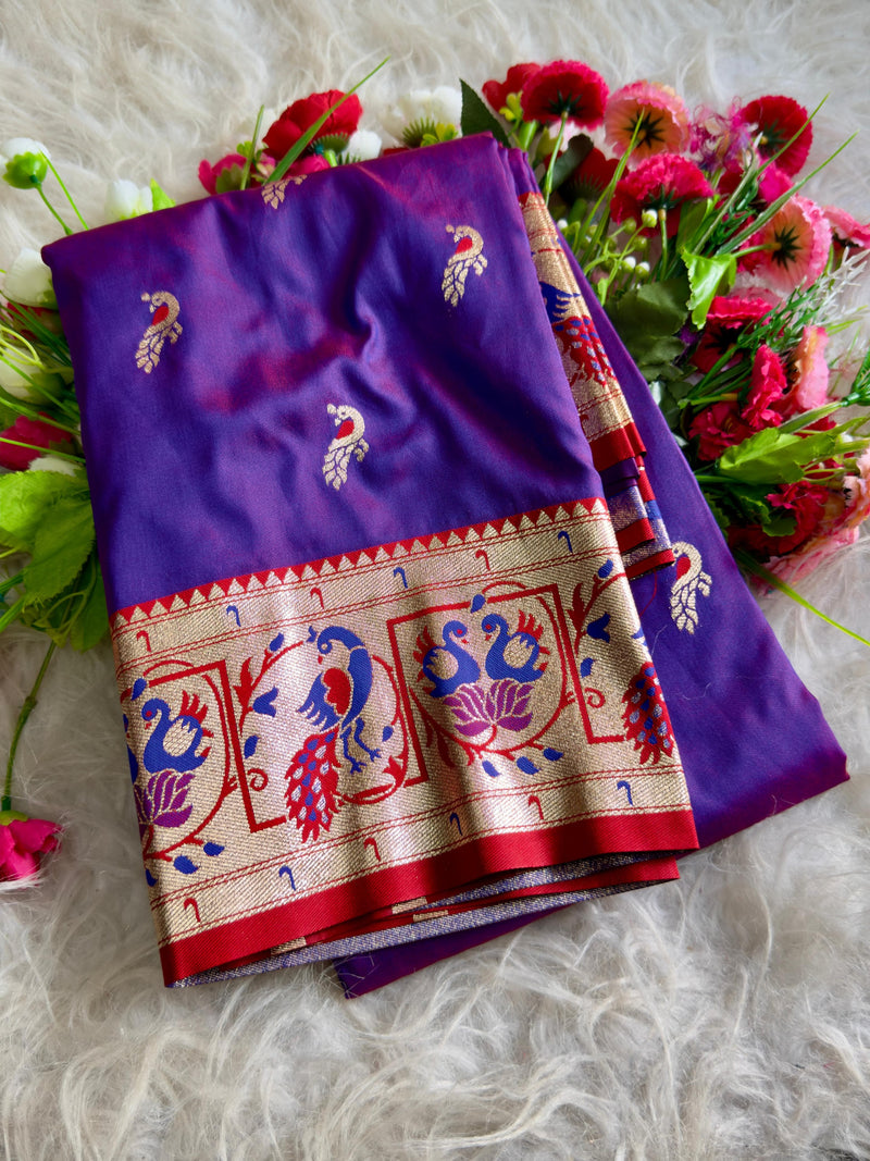 Purple Silk Saree with Red Zari Border & Peacock Motifs