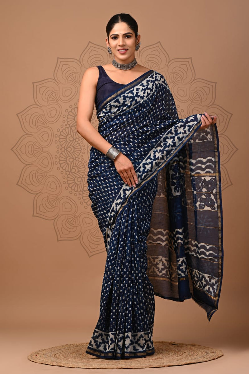 Indigo Blue Hand Block Printed Saree