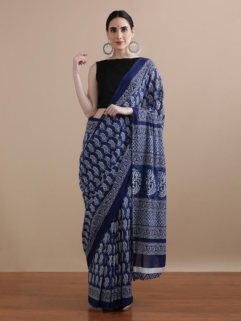 Indigo Blue Cotton Saree with White Floral Prints