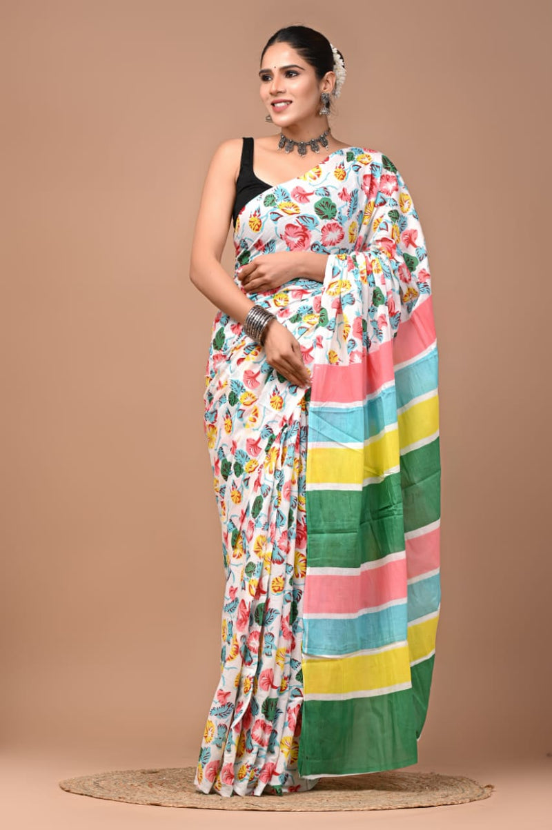 White Floral Print Cotton Saree with Multicolor Striped Pallu – Vibrant & Stylish