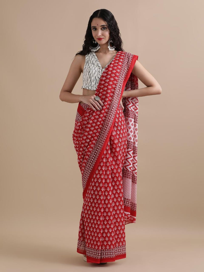 Red & White Cotton Saree with Ethnic Block Prints