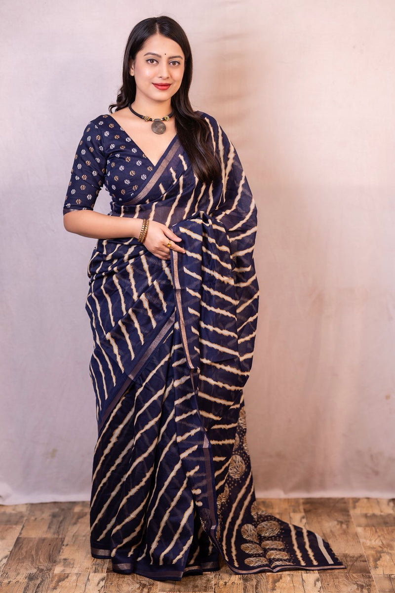 Navy Blue Handcrafted Bandhani Silk Saree with Traditional Motifs