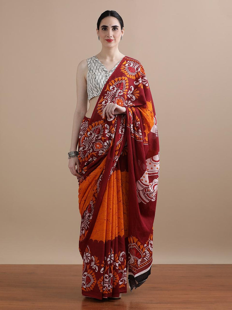 Maroon & Orange Traditional Printed Cotton Saree