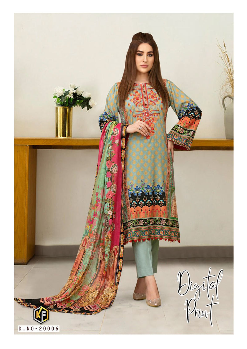 Pastel Green Digital Printed Cotton Kurti Set with Multicolor Dupatta