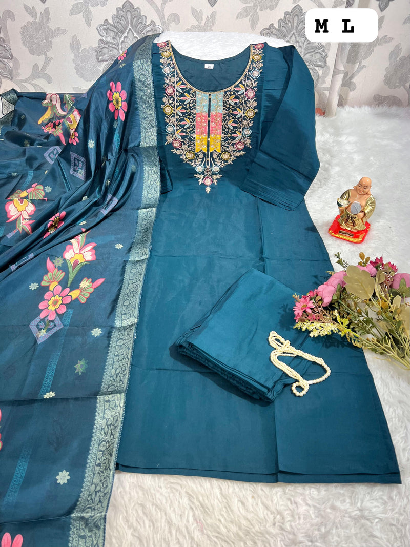 Teal Blue Embroidered Kurti Set with Floral Printed Dupatta