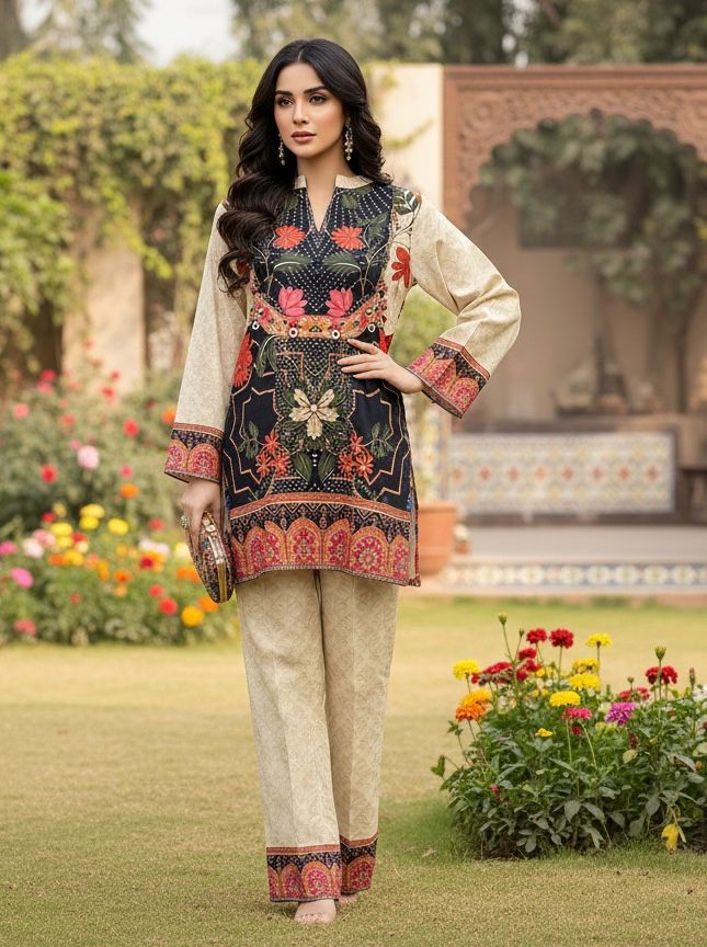 Elegant Beige & Black Floral Printed Cotton Suit Set