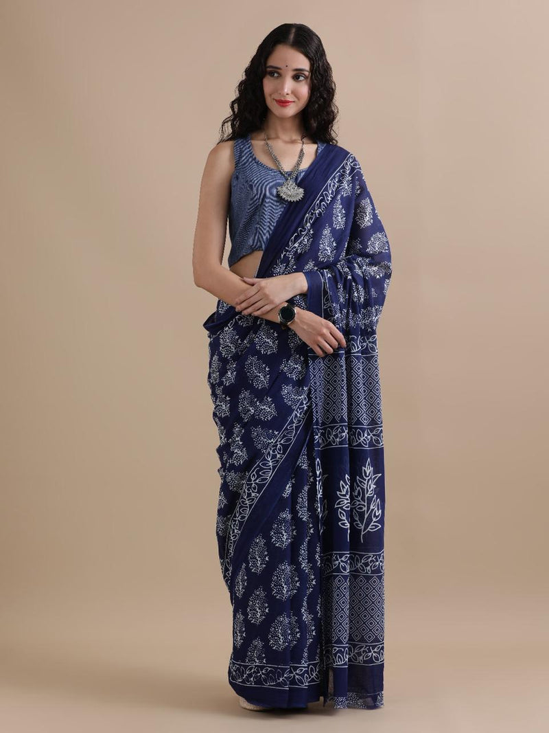 Navy Blue Cotton Saree with White Floral Prints