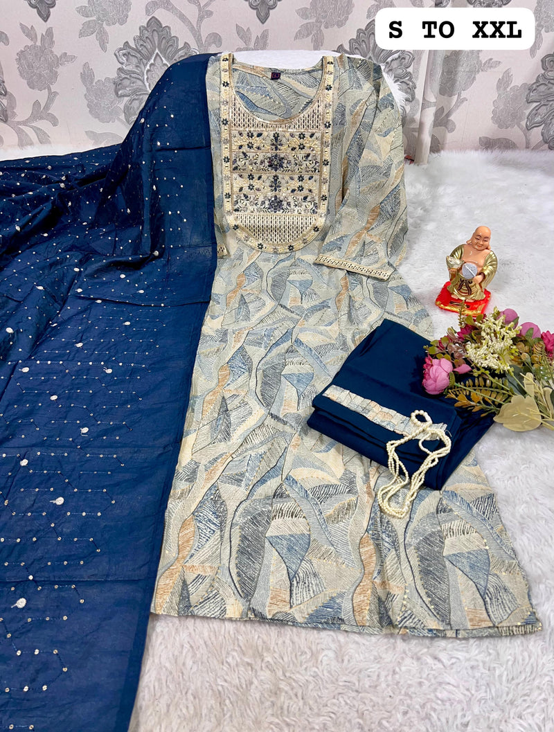 Navy & Beige Printed Kurti Set with Embroidered Neckline and Mirror Work Dupatta