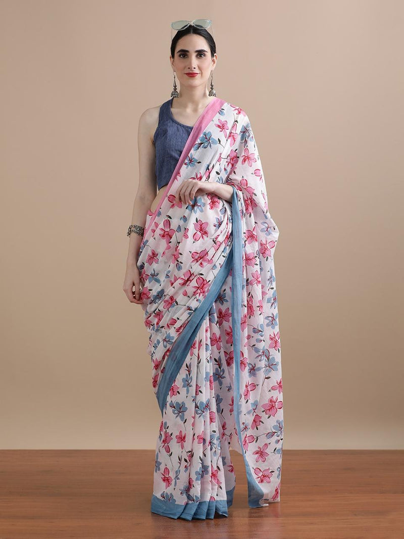 White Floral Cotton Saree with Blue & Pink Accents