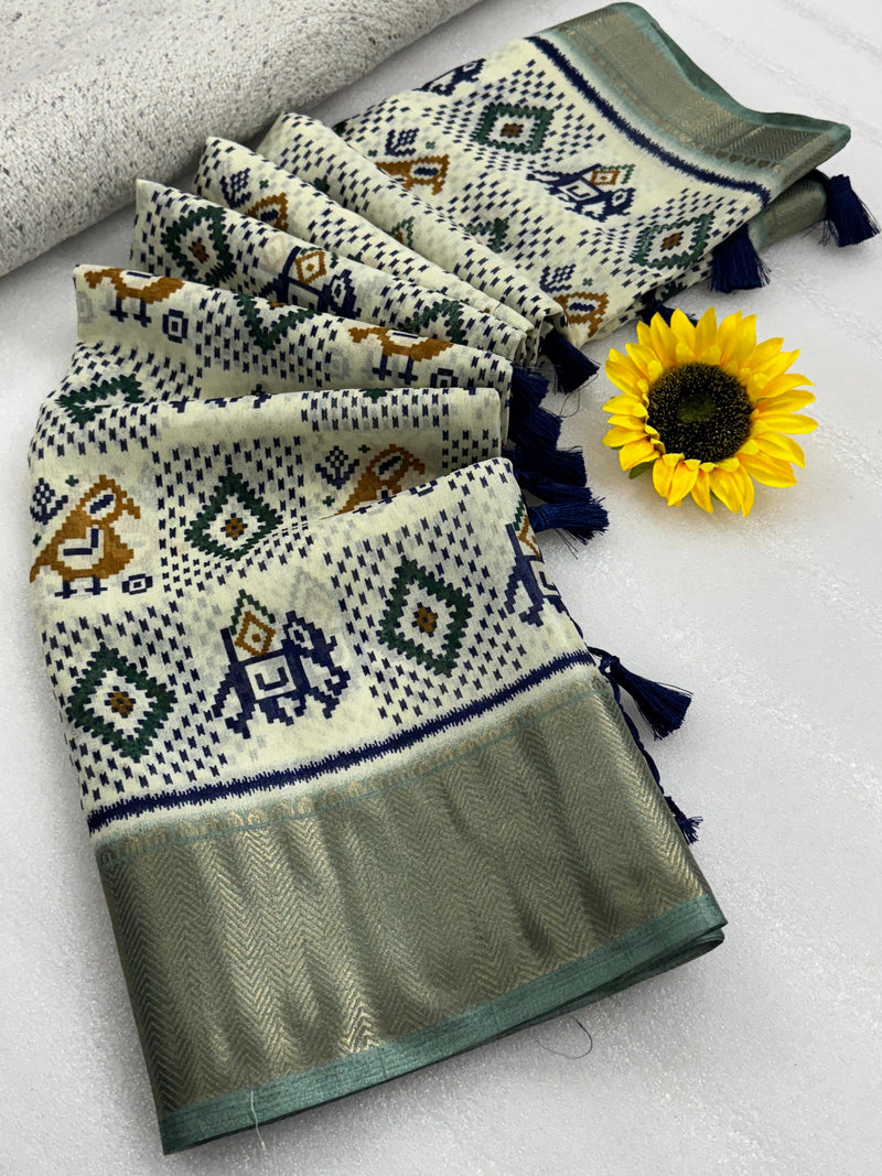 Ivory Ikat Silk Saree with Green Border & Elephant Motifs