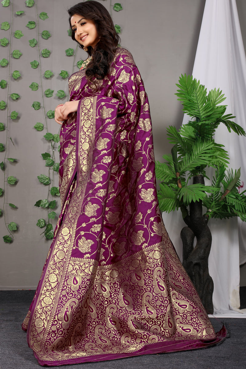 Royal Purple Banarasi Silk Saree with Intricate Golden Zari Weaving