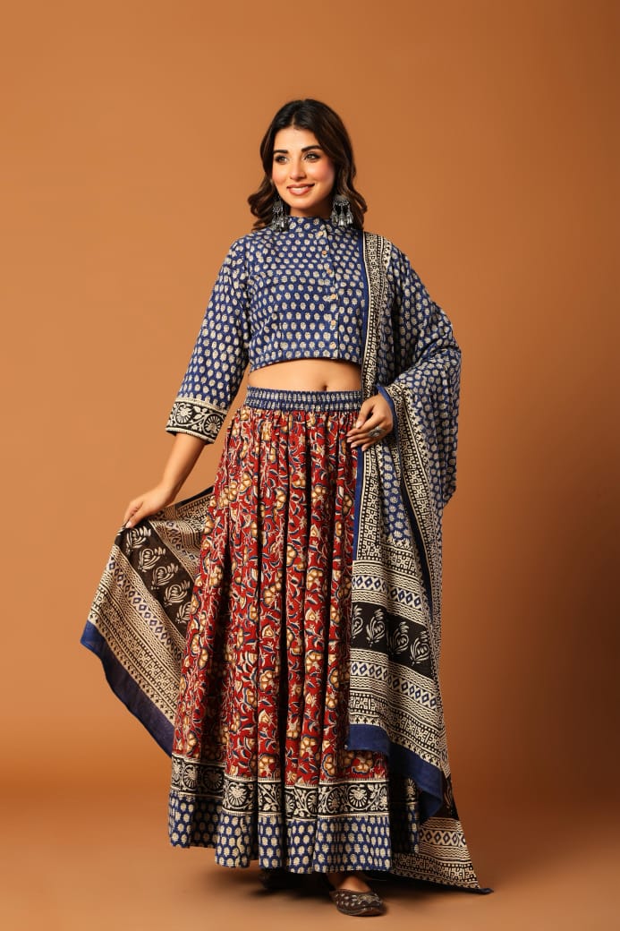 Blue & Red Ajrakh Hand Block Printed Kurti Skirt Set