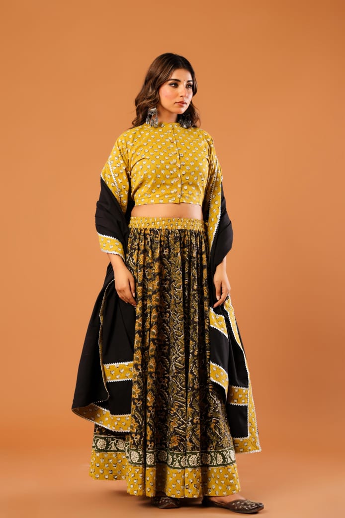 Mustard & Black Block Printed Kurti Skirt Dupatta Set