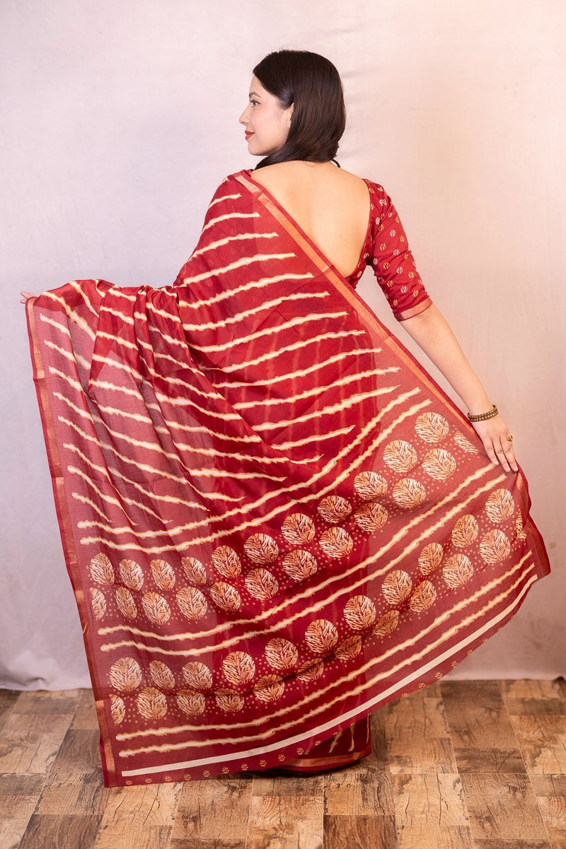 Maroon Handcrafted Bandhani Silk Saree with Geometric Motifs
