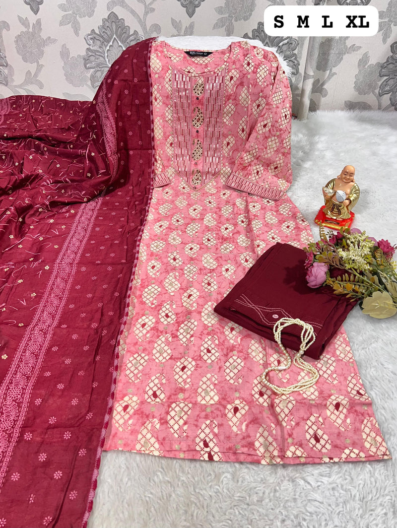 Graceful Pink & Maroon Printed Kurti Set with Embroidered Neckline and Dupatta