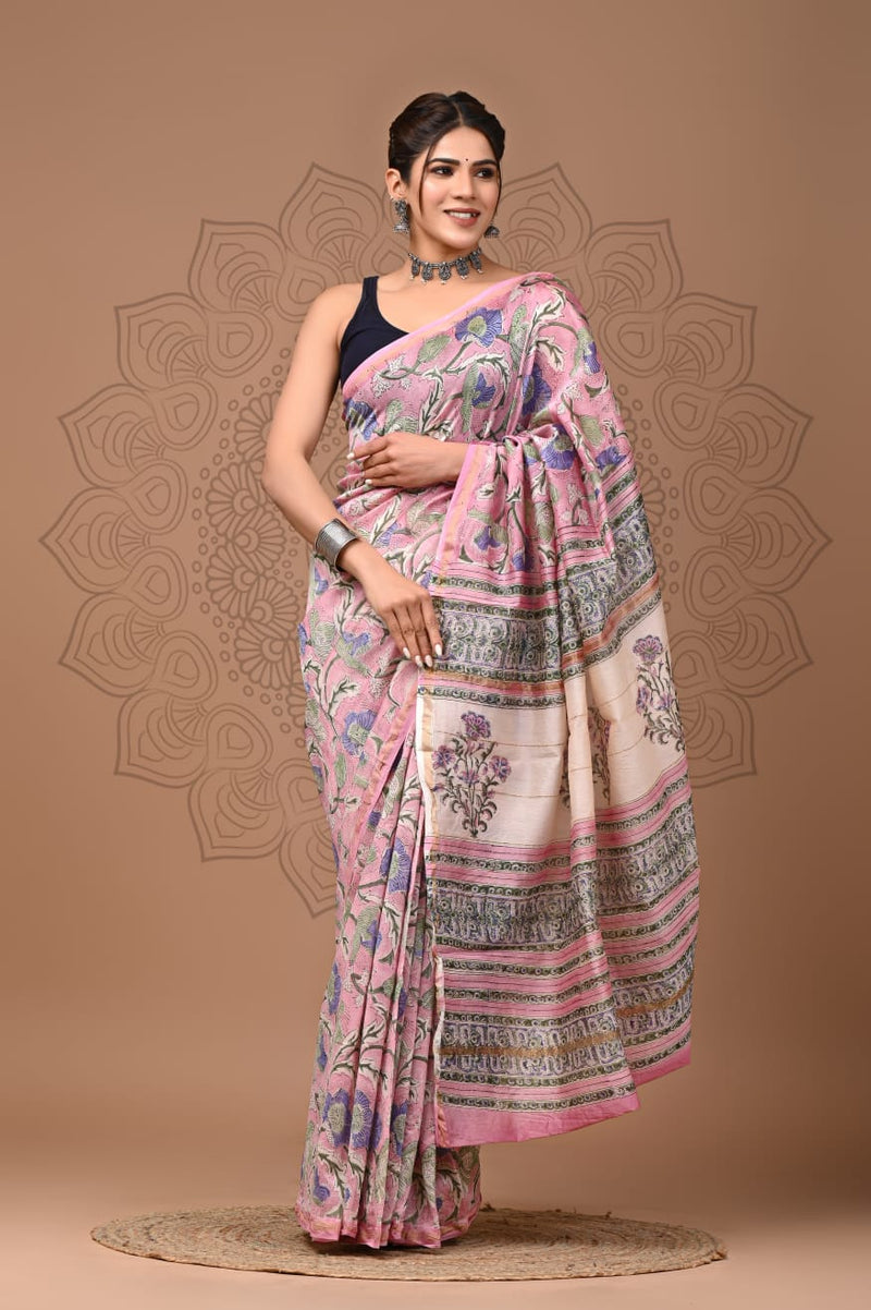 Pastel Pink & Lavender Floral Handblock-Inspired Saree