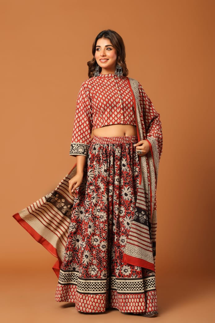 Red Hand Block Printed Kurti Skirt Dupatta Set