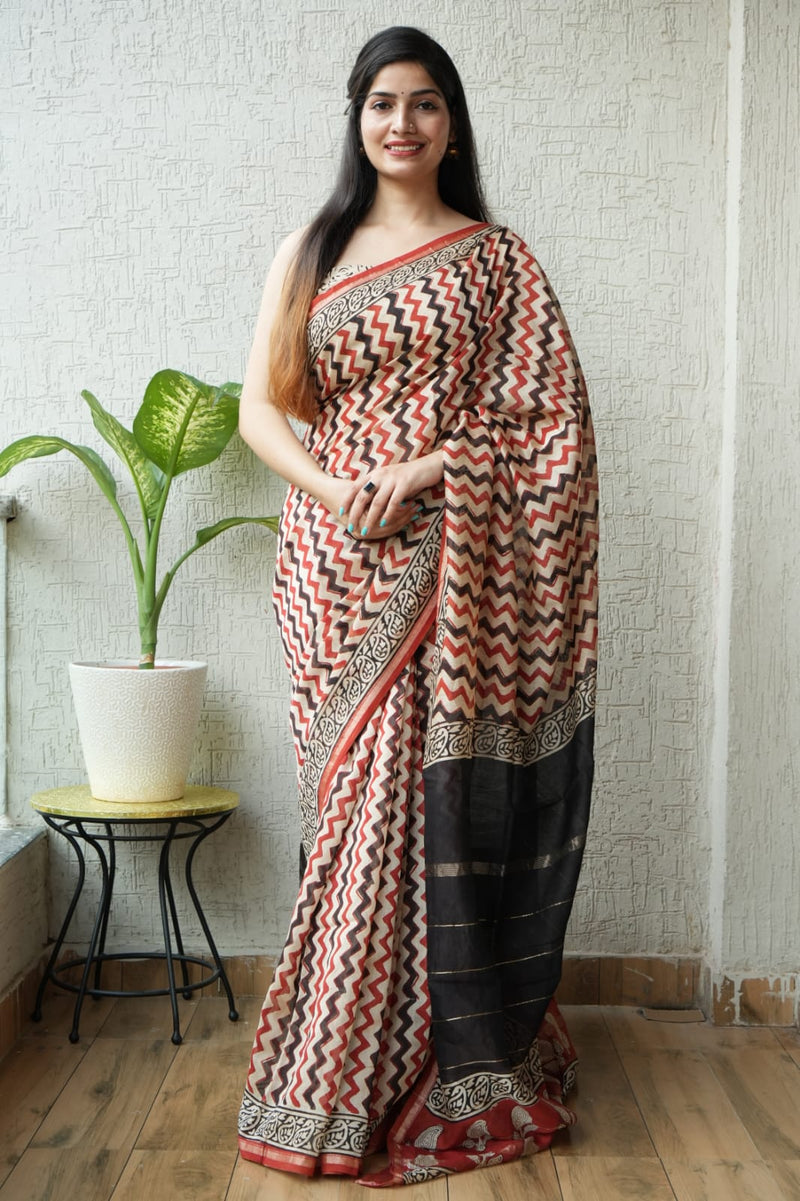 Pure Cotton Ajrakh Hand Block Printed Saree โ Chevron Pattern with Black & Red Pallu