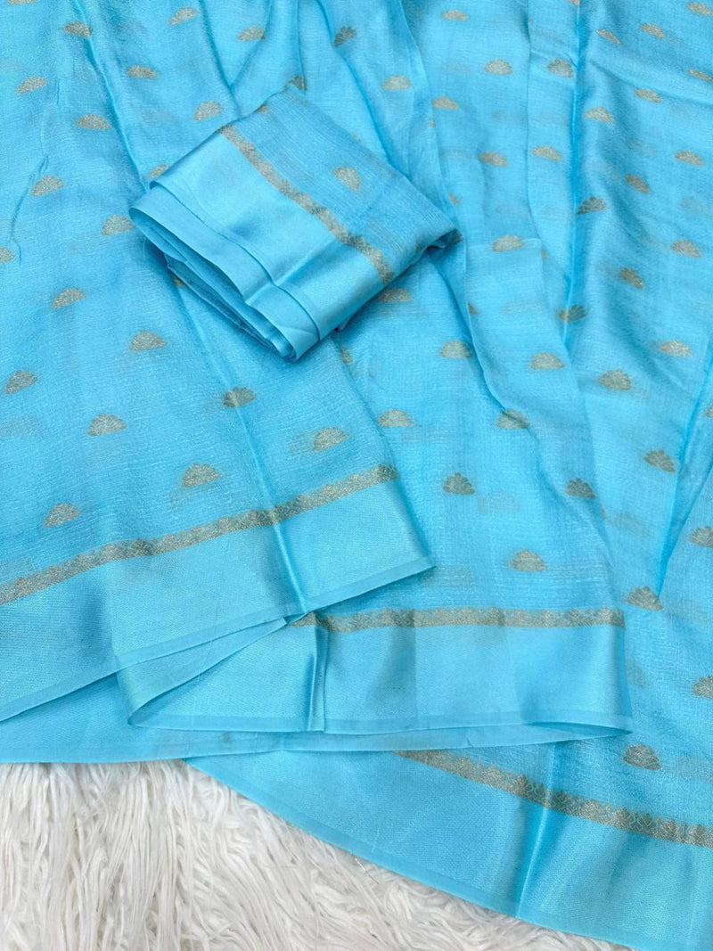 Elegant Sky-Blue Banarasi Silk Saree with Silver Zari Butta