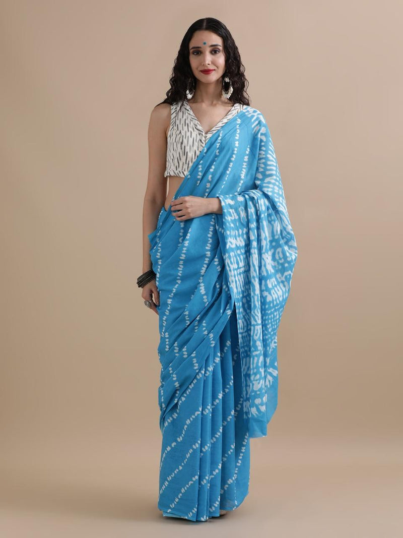 Sky Blue Cotton Saree with White Shibori Prints