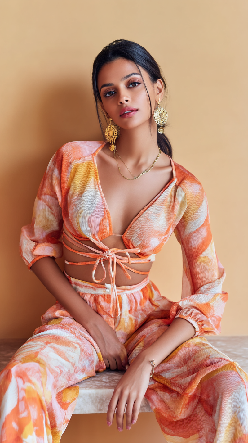 Women's Co-ords - Orange-Pink Tie-Dye Cotton Blend