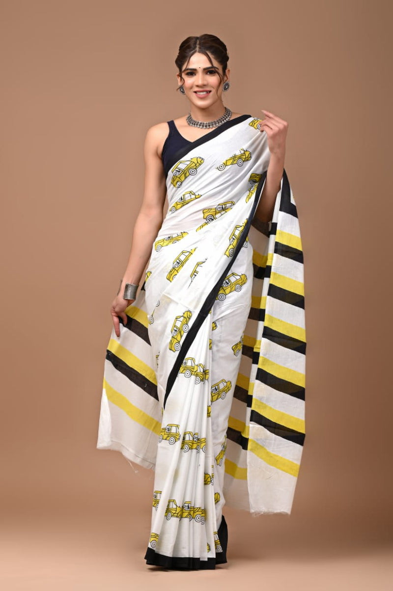 White Taxi Print Cotton Saree with Striped Pallu – Kolkata Vibes in Style