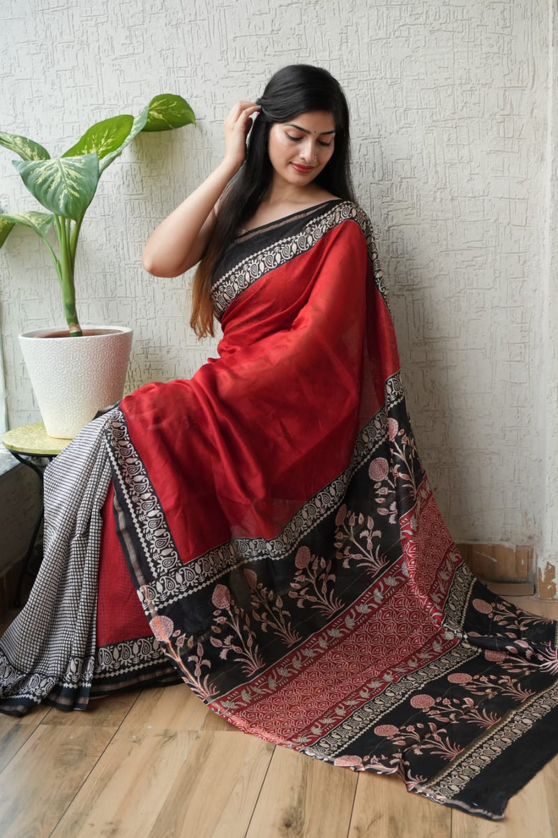 Pure Cotton Ajrakh Hand Block Printed Saree โ Crimson Red with Black Floral Pallu
