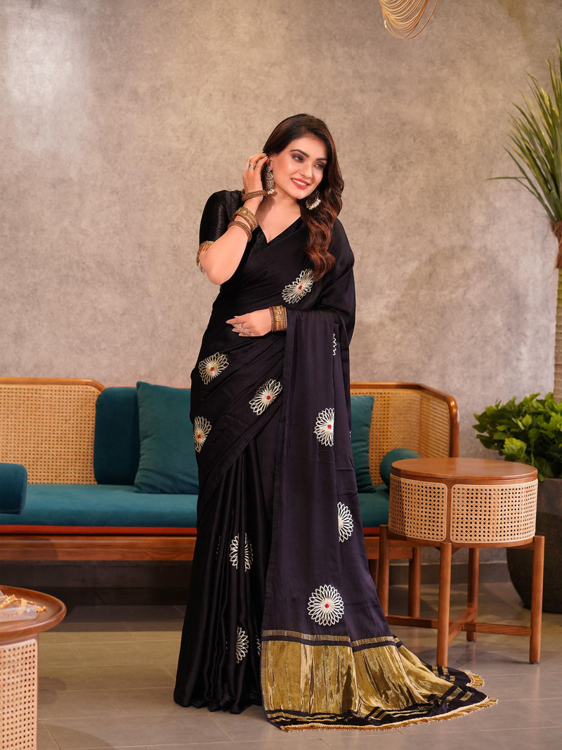 Black Silk Saree with Golden Border & Embroidered Motifs