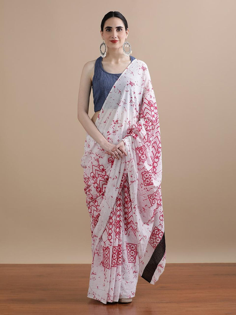 White & Red Batik Print Cotton Saree – Subtle Elegance Redefined