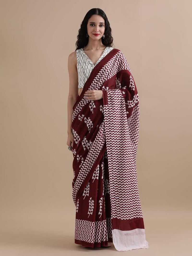 Maroon & White Cotton Saree with Wavy Print Border