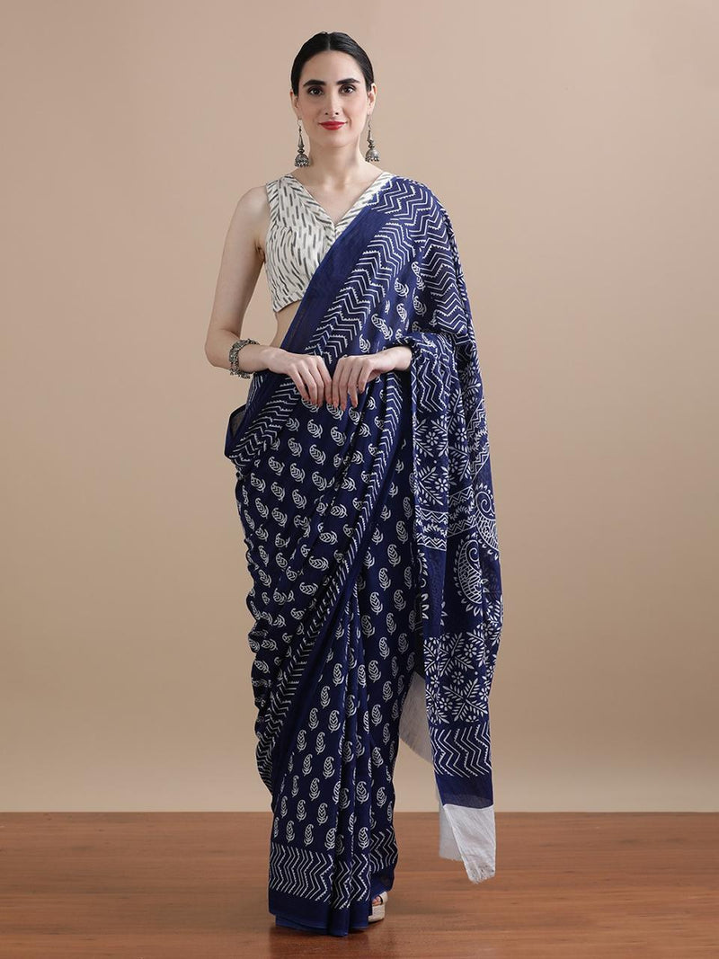 Indigo Blue Cotton Saree with White Handblock Prints