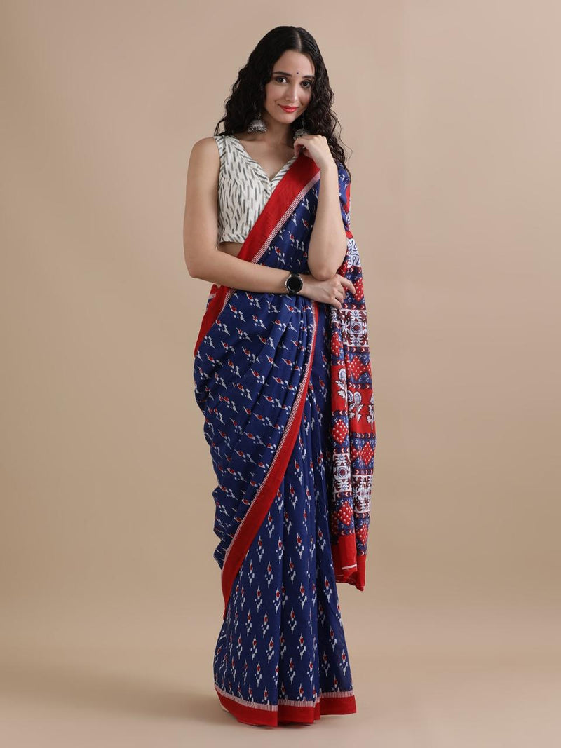 Navy Blue Cotton Saree with Red Border & Ikat Prints