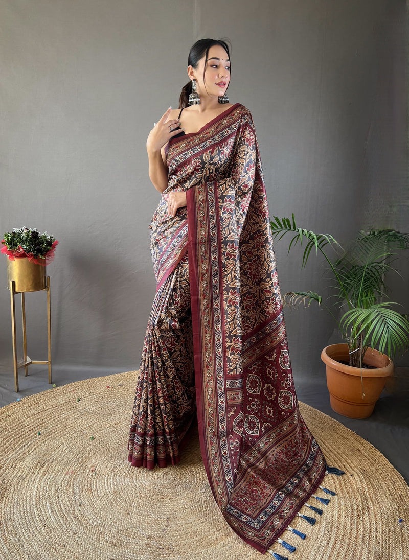Maroon and Beige Handblock Printed Saree with Ethnic Border and Tassel Detailing