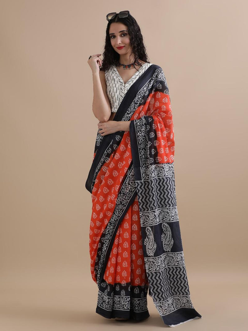 Red & Black Dual Tone Cotton Saree with Handblock Prints