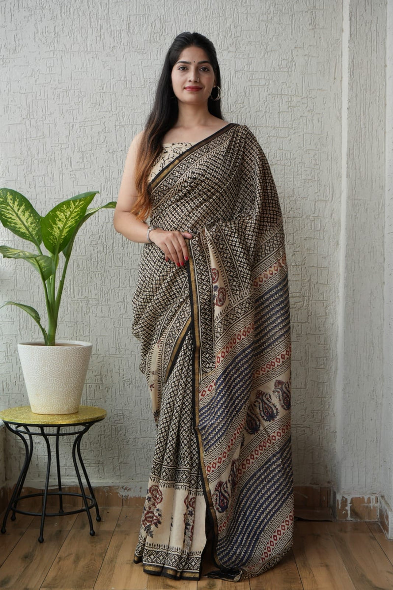 Beige Black Geometric Block Print Chanderi Silk Saree