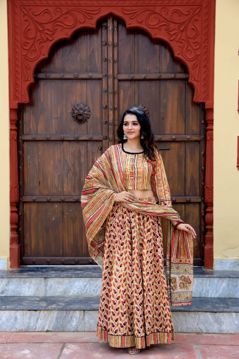Hand Block Printed Cotton Kurti Skirt Dupatta Set