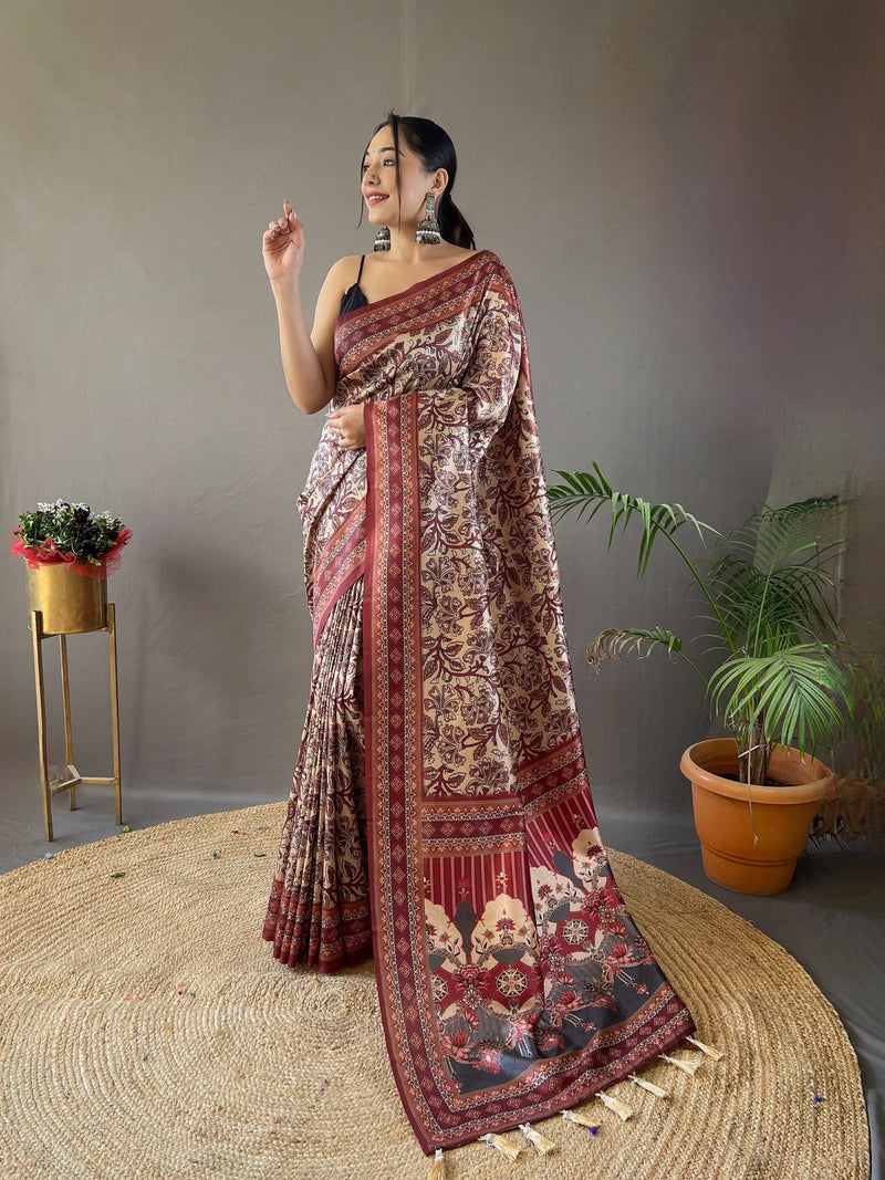Maroon and Beige Ethnic Printed Saree with Artistic Pallu and Tassel Detailing