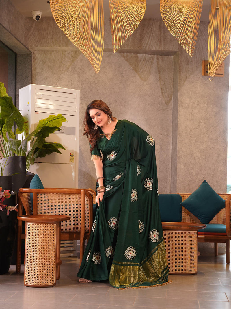 Emerald Green Silk Saree with Golden Border & Embroidered Motifs