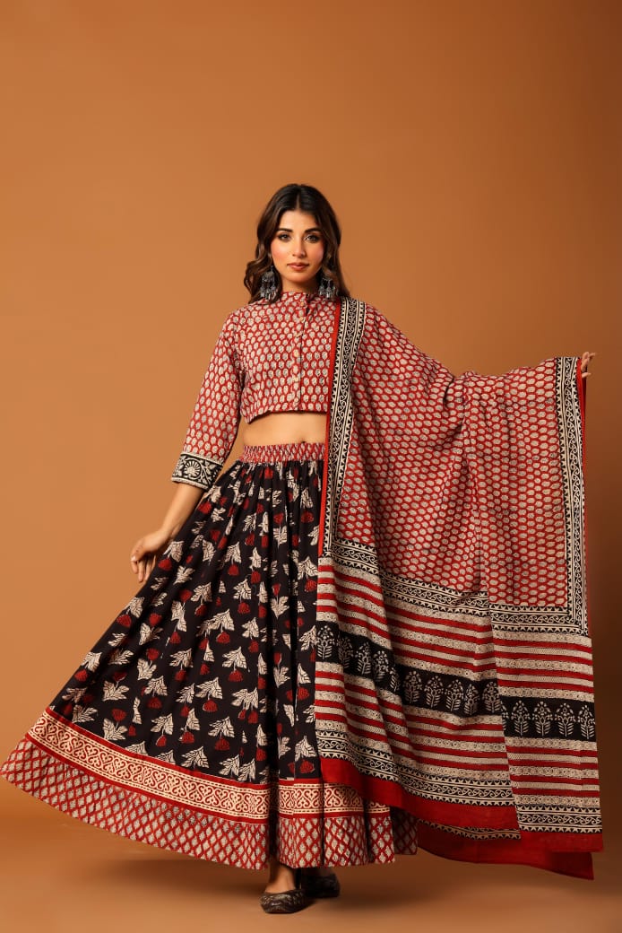 Red & Black Hand Block Printed Kurti Skirt Dupatta Set