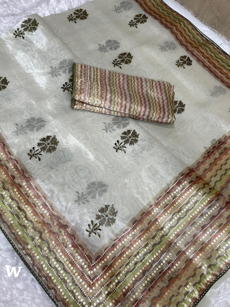 Elegant White Organza Saree with Sequin Border and Floral Motifs