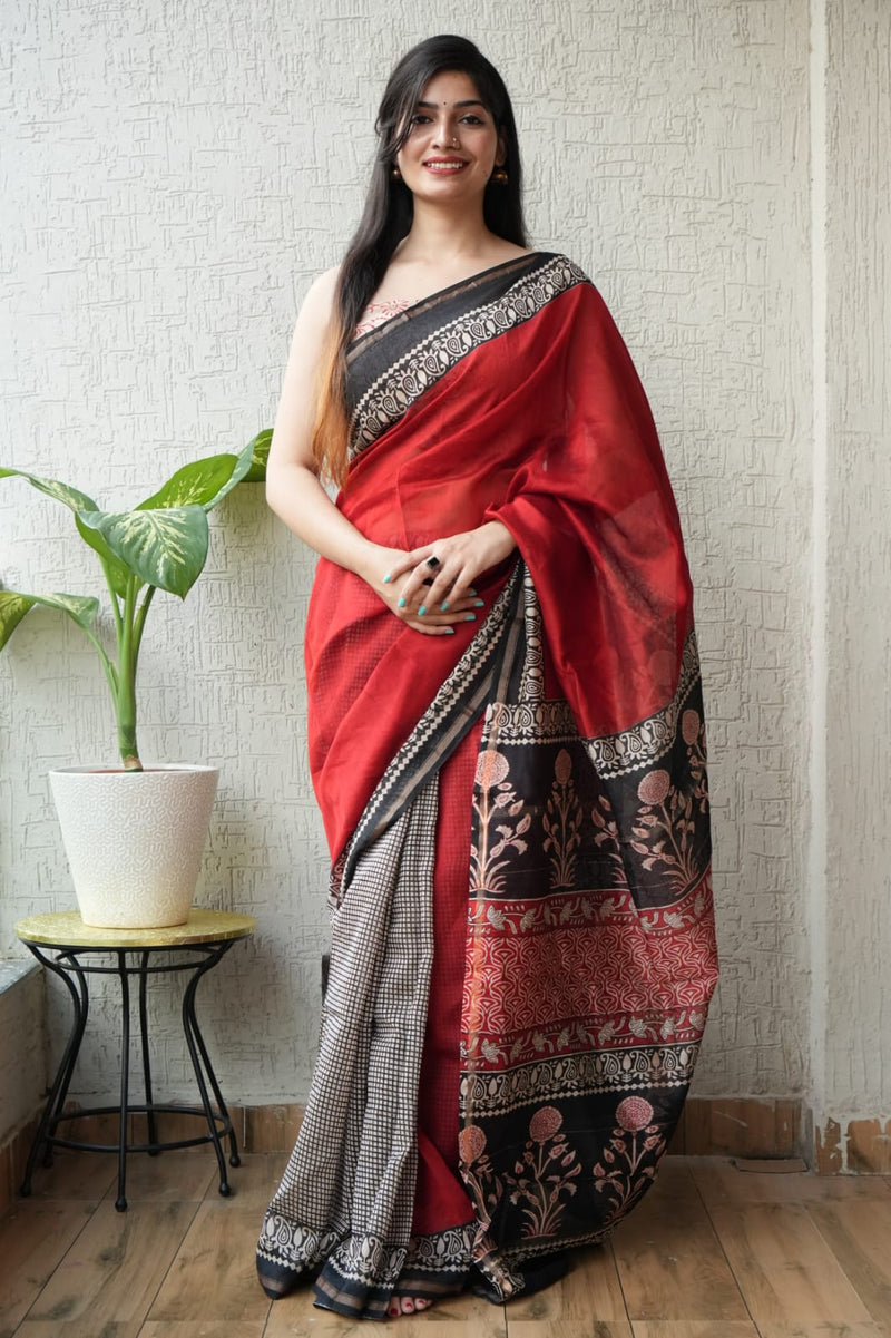 Red Black Floral Pallu Hand Block Chanderi Silk Saree