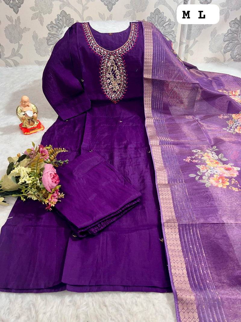Royal Purple Embroidered Kurti Set with Floral Zari Dupatta