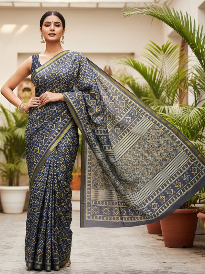 Navy Blue Ajrakh Print Cotton Saree with Traditional Geometric Motifs