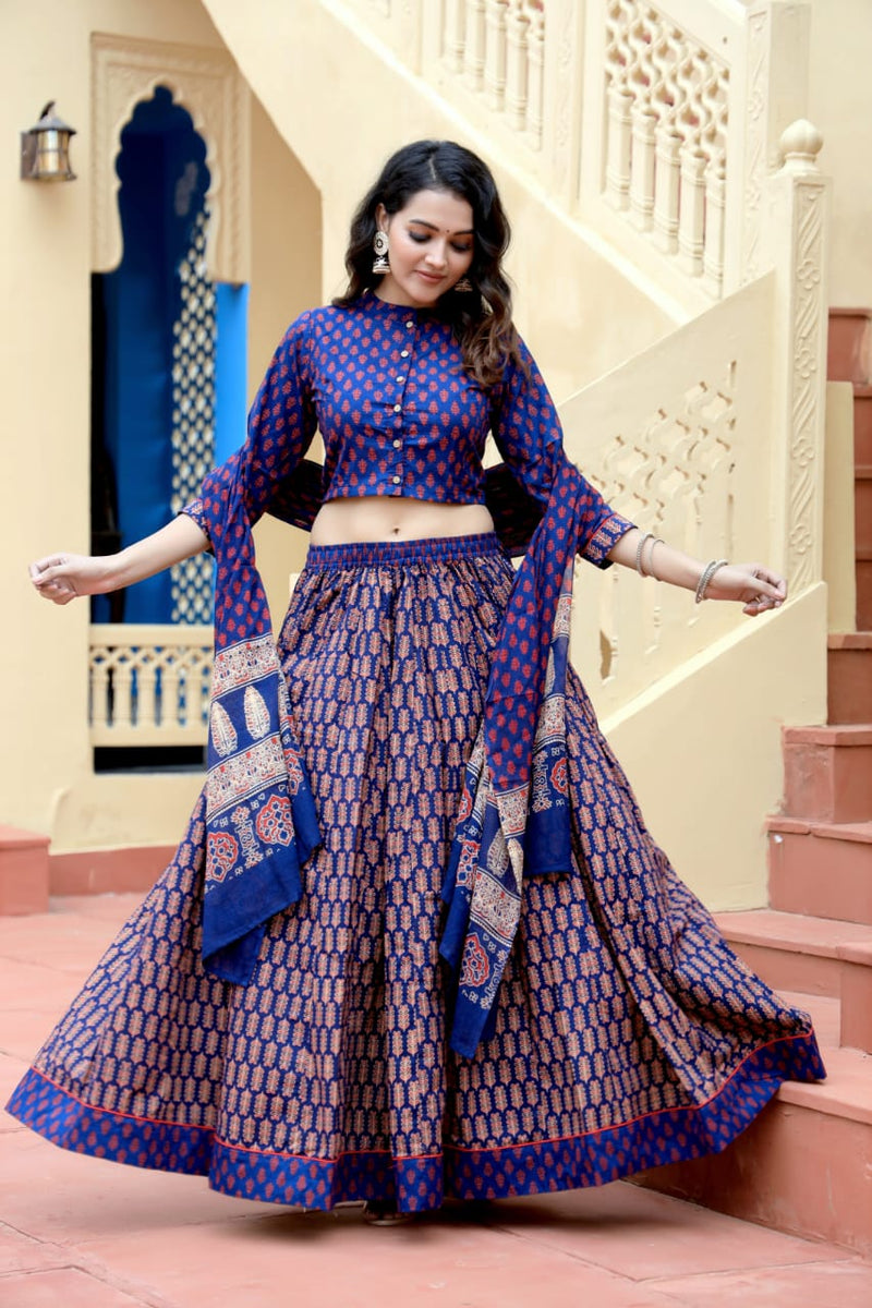Navy Blue Hand Block Printed Kurti Skirt Dupatta