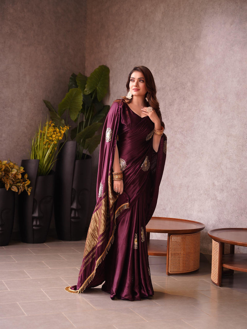Wine Silk Saree with Golden Border & Embroidered Motifs