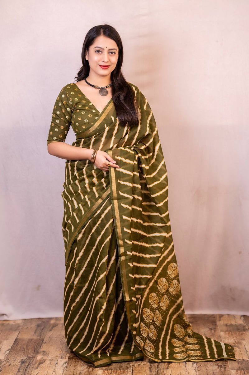 Olive Green Handcrafted Bandhani Silk Saree with Traditional Motifs