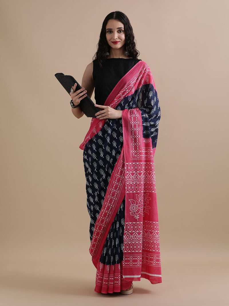 Navy Blue & Pink Dabu Print Cotton Saree – Ethnic Grace with a Pop of Color