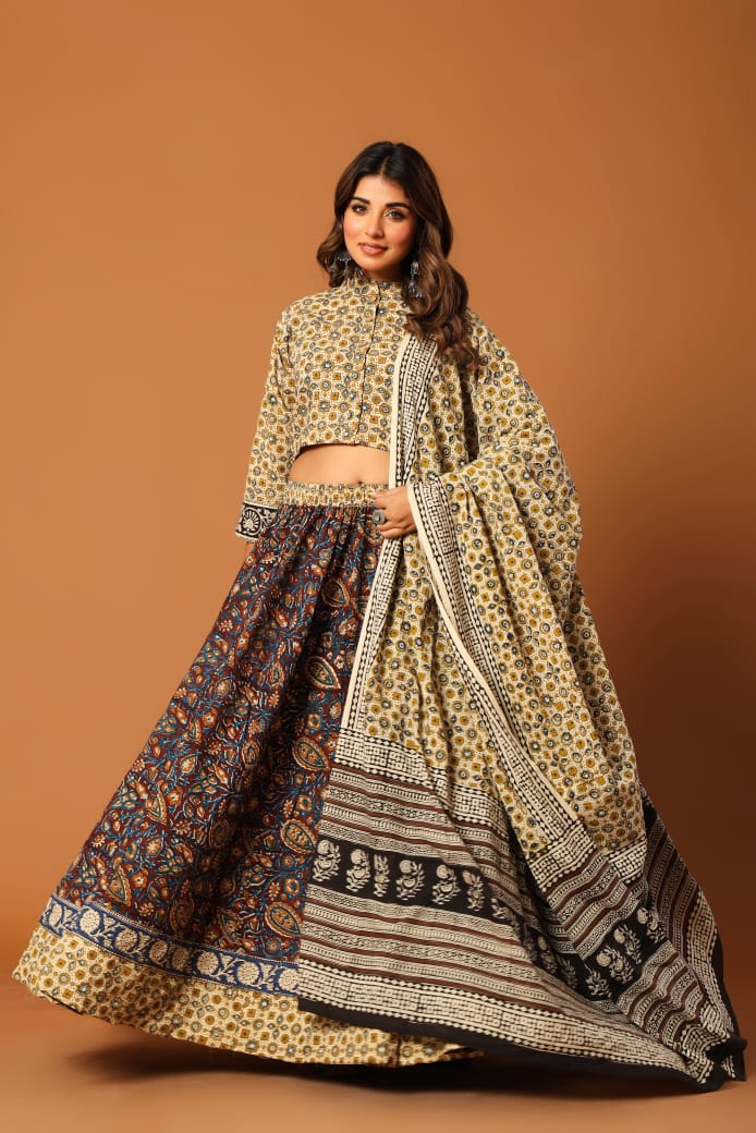 Beige & Blue Ajrakh Hand Block Printed Kurti Set